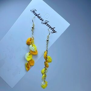Micro crocheted yellow leaves dangle earrings